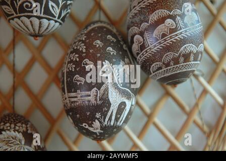 Pysankas. Eggs are decorated with animals and plants. Kolomyia. Stock Photo