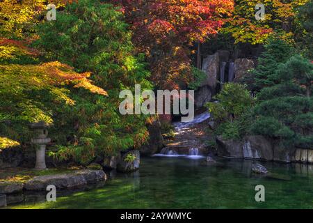 One of the most popular and arguably the most beautiful garden in Spokane Washington, the  Nishinomiya Japanese Garden is located in the Manito Park o Stock Photo