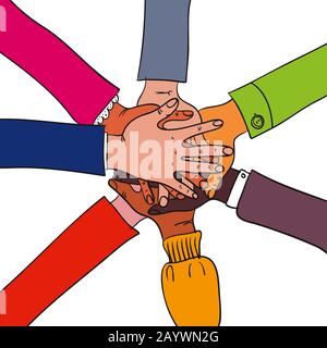Different arms and hands of people joining together in the middle of the colorful illustration showing teamwork, diversity, collaboration in business Stock Vector