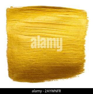 Golden metallic foil paint hand brush stroke design element isolated on white background. Stock Photo