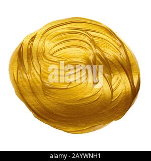 Gold paint hand brush circle round stroke design element isolated on white background. Stock Photo