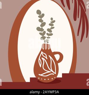 Eucalyptus branches in a dark bottle vase standing at bedside table opposite the mirror. White background. Vector illustration Stock Vector