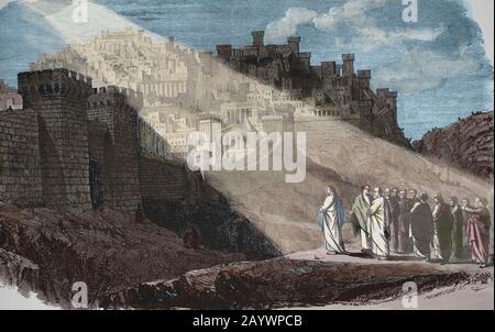 Jesus before Jerusalem city. Engraving, 19th century. New Testament. Stock Photo