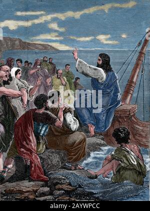 New Testament. Jesus preaching the crowd, sermon on the mount ...