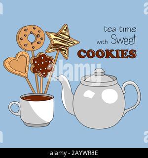 White teapot and cup of tea with different kinds of home made cookies on the wooden sticks Stock Vector