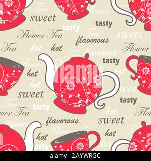 Seamless pattern with teapots and cups with floral design elements. Vector illustration Stock Vector