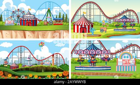 Four scenes with many rides in the fun fair illustration Stock Vector
