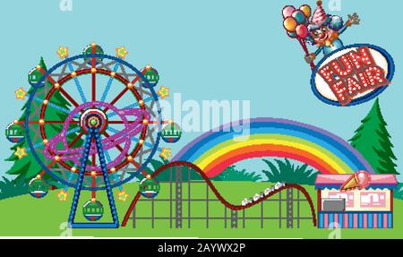 Themepark scene with many rides and happy children illustration Stock ...
