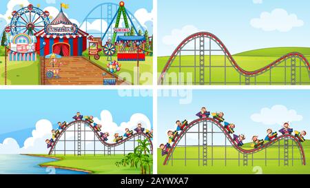 Four scenes with many rides in the fun fair illustration Stock Vector