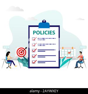 Couple of businessman and woman are working with laptop on the desk in the background of company's policy list. Stock Vector