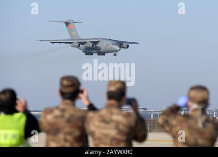 Wuhan, China's Hubei Province. 17th Feb, 2020. A transport aircraft of the People's Liberation Army (PLA) Air Force arrives at Tianhe International Airport in Wuhan, central China's Hubei Province, Feb. 17, 2020. Credit: Li He/Xinhua/Alamy Live News Stock Photo