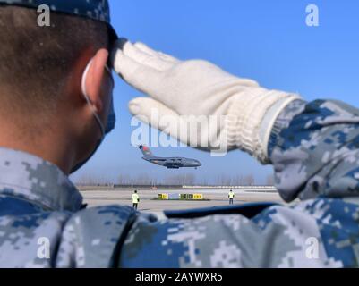Wuhan, China's Hubei Province. 17th Feb, 2020. A transport aircraft of the People's Liberation Army (PLA) Air Force arrives at Tianhe International Airport in Wuhan, central China's Hubei Province, Feb. 17, 2020. Credit: Li He/Xinhua/Alamy Live News Stock Photo