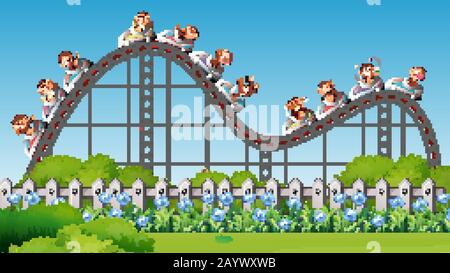 Scene with monkeys on circus ride in the park illustration Stock Vector