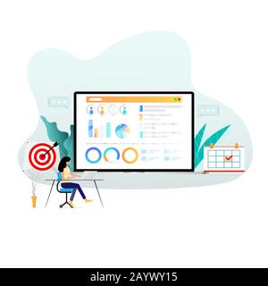 Businesswoman working on her desk to analyze the data that show in a big screen of laptop as background. Stock Vector