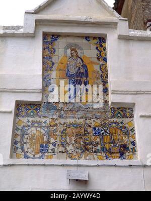 AZULEJOS SOBRE LA PORTADA. Location: CONVENTO DE LA INMACULADA. MARCHENA. Seville. SPAIN. INMACULADA CONCEPCION. Stock Photo