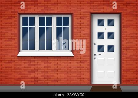 Exterior of a brick house with a window and a door. Stock Vector