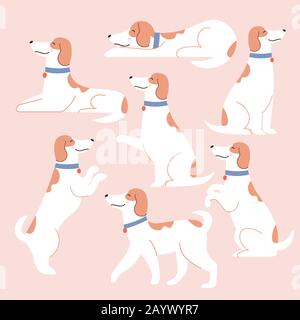 Collection of funny white dogs in different situations set. Stock Vector