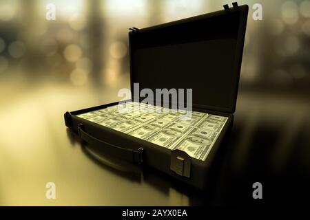 3D rendering of a close-up of briefcase full of money. Stock Photo