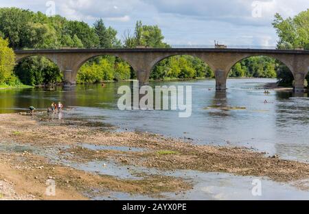 Limeuil, France - August 15, 2019: People at the Parc Panoramique. Dordogne River meeting Vezere River at Limeuil, Dordogne, France. Stock Photo