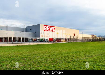 Koblenz, Germany 16 February 2020. The distribution center and warehouse of the Rewe grocery store in Koblenz in western Germany. Stock Photo