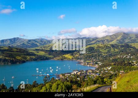 Akaroa scenic view, Banks peninsula, South Island, New Zealand, right before sunset Stock Photo