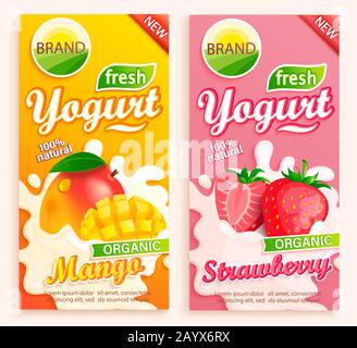Set of mango and strawberry Yogurt labels. splash. Stock Vector