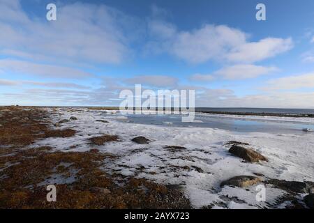 Arctic landscape with ice forming near a small lake and blue sky and clouds in the background, near Arviat Nunavut Canada Stock Photo