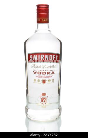 IRVINE, CA - JANUARY 4, 2018: Smirnoff Vodka Bottle. The Smirnoff brand began with a vodka distillery founded in Moscow by Pyotr Arsenievich Smirnov. Stock Photo