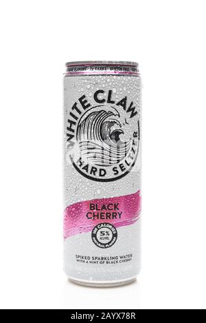 IRVINE, CALIFORNIA - 03 DEC 2019: A can of White Claw Hard Seltzer Black Cherry flavor with condensation. Stock Photo