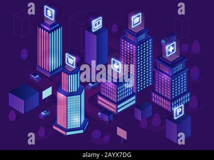 Smart city isometric architecture concept. Web banner with neon modern buildings. Futuristic city. 3d infographics. Intelligent buildings with signs. Stock Vector