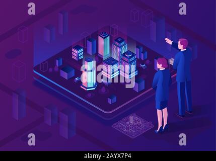 Smart city isometric illustration. Business center with smart buildings. Intelligent buildings concept. Futuristic 3d city architecture map. Internet Stock Vector