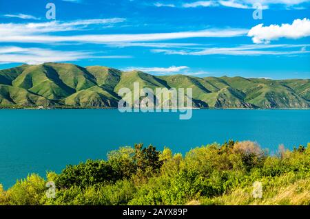View of Sevan Island in Lake Sevan in Armenia Stock Photo