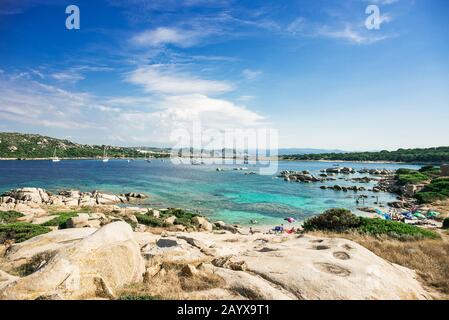 Stones on Zia Culumba Beach. Capo Testa, Sardinia Island, Italy. Sardinia is the Second Largest Island in Mediterranean Sea. Stock Photo