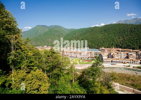 Ski Resort in Esto Sadok. Krasnaya Polyana. Sochi. Russia. Aerial View. Stock Photo