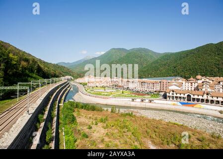 Ski Resort 'Gorky Gorod' in Esto Sadok. Krasnaya Polyana. Sochi. Russia. Aerial View. Stock Photo