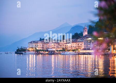 Bellagio on Lake Como. Twilight. Lombardy. Italy. Beautiful Landscape with Mountains. Stock Photo