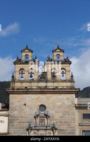 Detail of the Archbishopric Cathedral of Bogota on Plaza de Bolivar in La Candelaria, the old town of Bogota, Colombia. Stock Photo