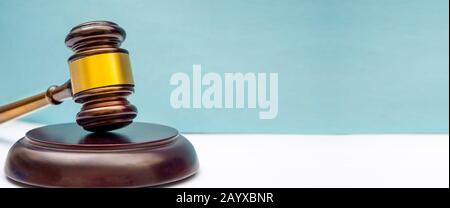 close up view of Judge gavel on white background with copy space, low concept Stock Photo