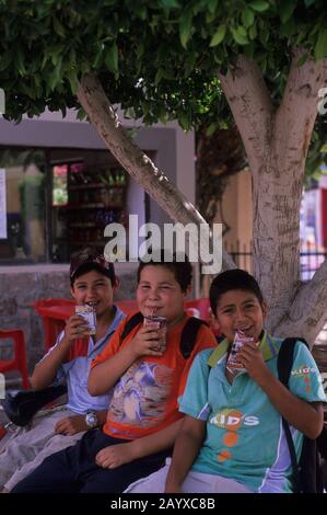 Three local teenage boys drinking juice in Loreto in Baja California, Mexico. Stock Photo