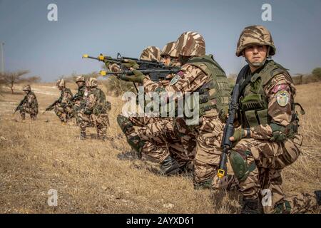 Thies, Senegal. 16th Feb, 2020. Moroccan soldiers from the 2nd Battalion Infantry Paratroopers, during a training engagement at Flintlock 20 February 16, 2020 near Thies, Senegal. Flintlock is the largest annual Special Operations Forces exercise in Africa involving U.S and Allied troops and African partner nations. Credit: Miguel Pena/Planetpix/Alamy Live News Credit: Planetpix/Alamy Live News Stock Photo