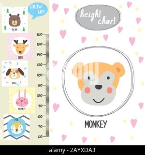 Kids height chart.Cute monkey and funny animals, vector illustration Stock Vector