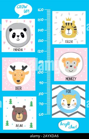Kids height chart.Cute and funny animals, cartoon vector illustration Stock Vector