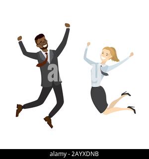 Jumping business people, African American businessman and caucasian business woman,isolated on white background,cartoon vector illustration Stock Vector