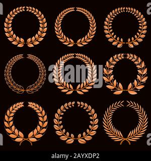 Winner labels with gold laurel wreaths vector set. Laurel sport winner, branch wreath laurel trophy and triumph emblem illustration Stock Vector