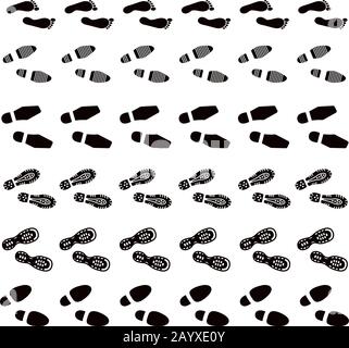 Shoes imprints, footprint and human step set. Print shoe sole and print of boot and foot human, step footprint trail or track. Vector illustrators brushes collection Stock Vector