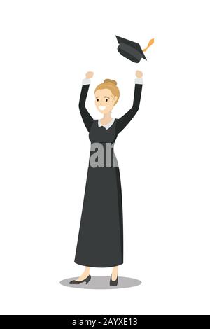 Young Caucasian female graduate throwing up her hat. Excited graduate in cloak and graduation hat.Isolated on white background.Cartoon vector illustra Stock Vector