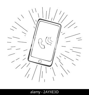 doodle smartphone with call sign on screen,cool  doodle vector illustration Stock Vector