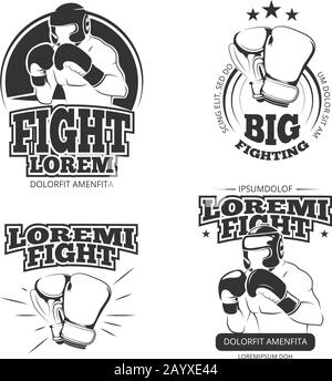 MMA vector vintage emblems, labels, badge, logos. Sport logotype or badge for boxing and kickboxing or mma, athlete martial emblem mma illustration Stock Vector