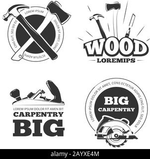 Vintage carpentry vector labels, emblems, badges and logos set. Carpentry emblem and label, tool for carpentry industry illustration Stock Vector