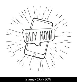 buy now speech bubble on mobile phone screen,cool  doodle vector illustration Stock Vector